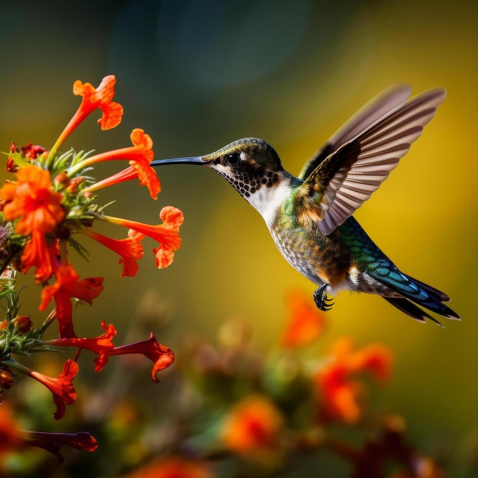 Hummingbird feeding on vibrant flowers photo