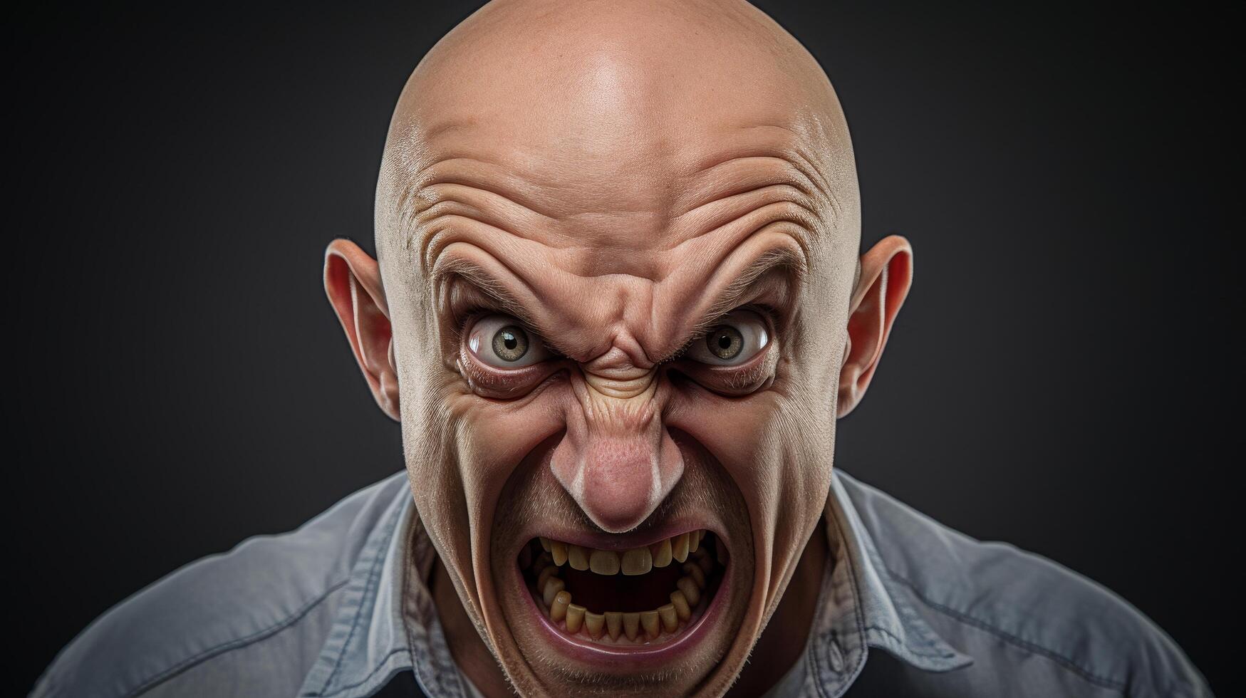Angry and frightening bald man with intense expression photo