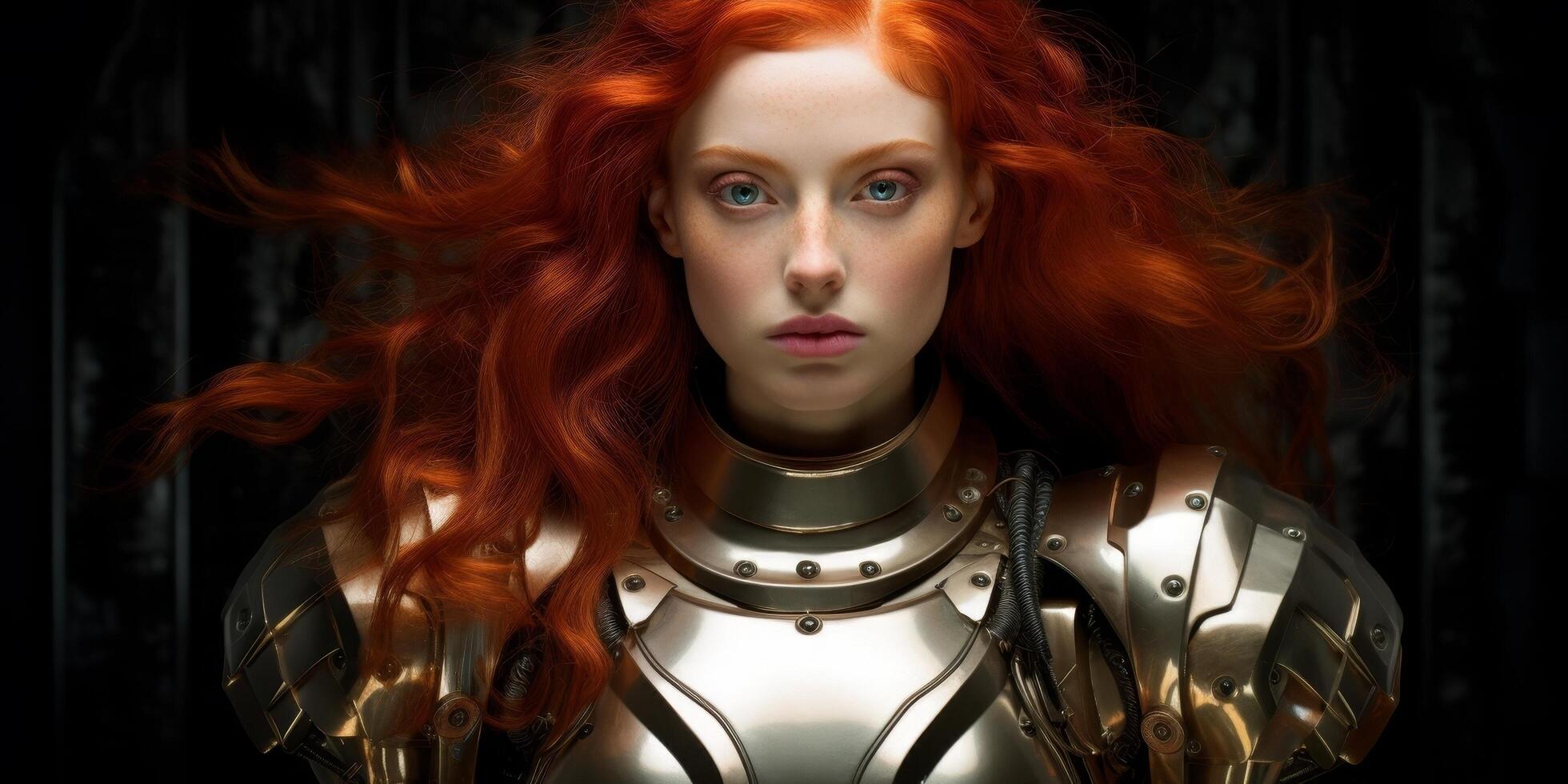 Futuristic woman with red hair and metallic armor photo