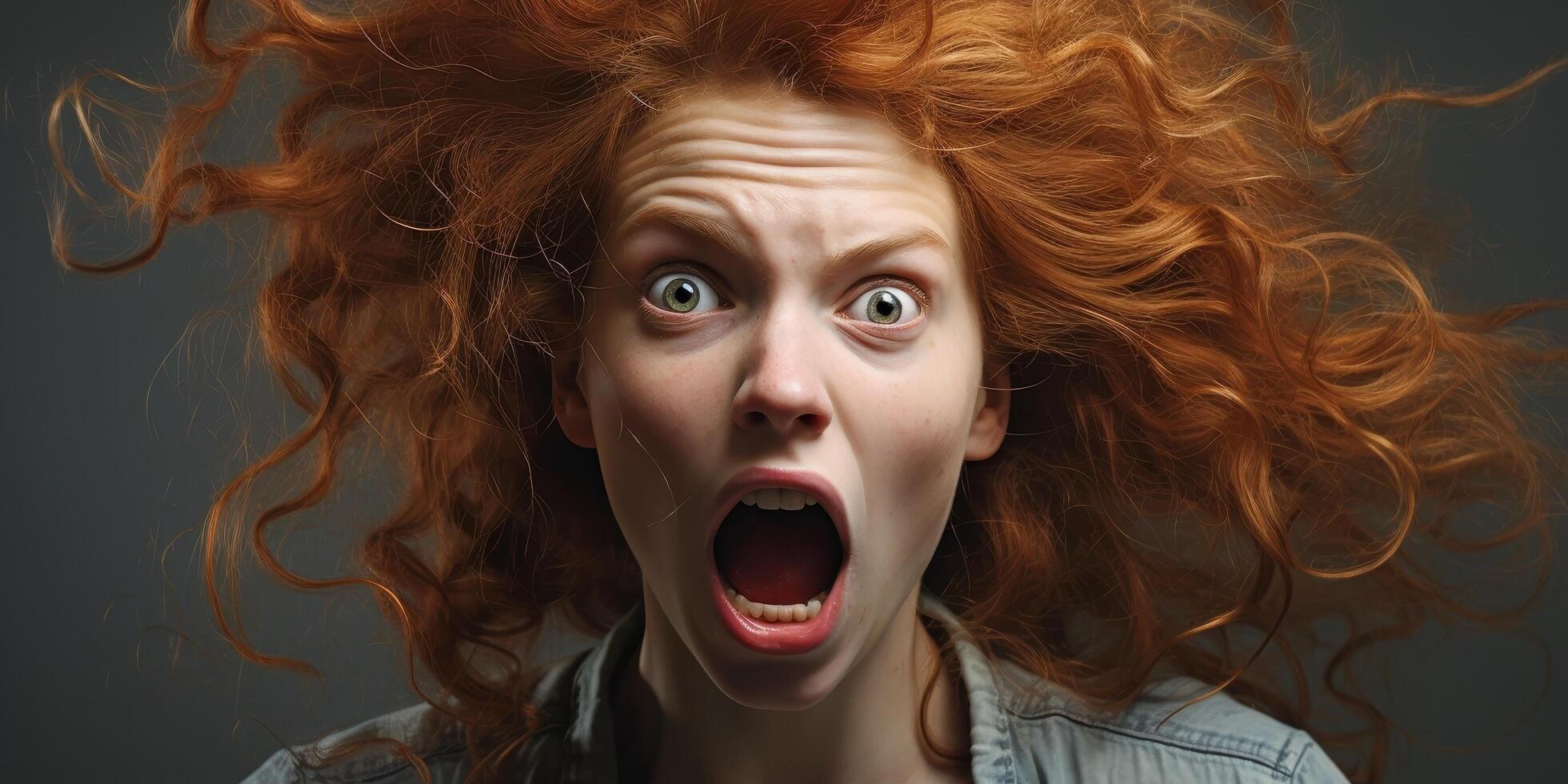 Surprised and shocked woman with wild red hair photo