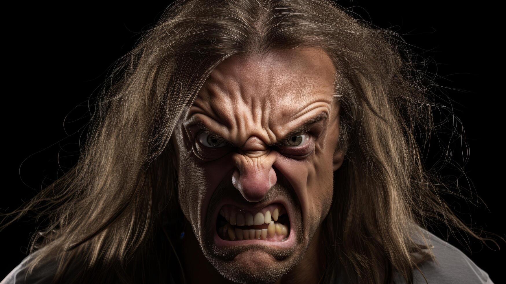Angry man with wild hair and intense facial expression photo