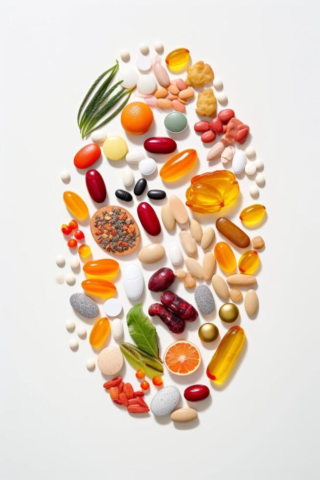 Assortment of colorful vitamins, supplements and healthy food photo