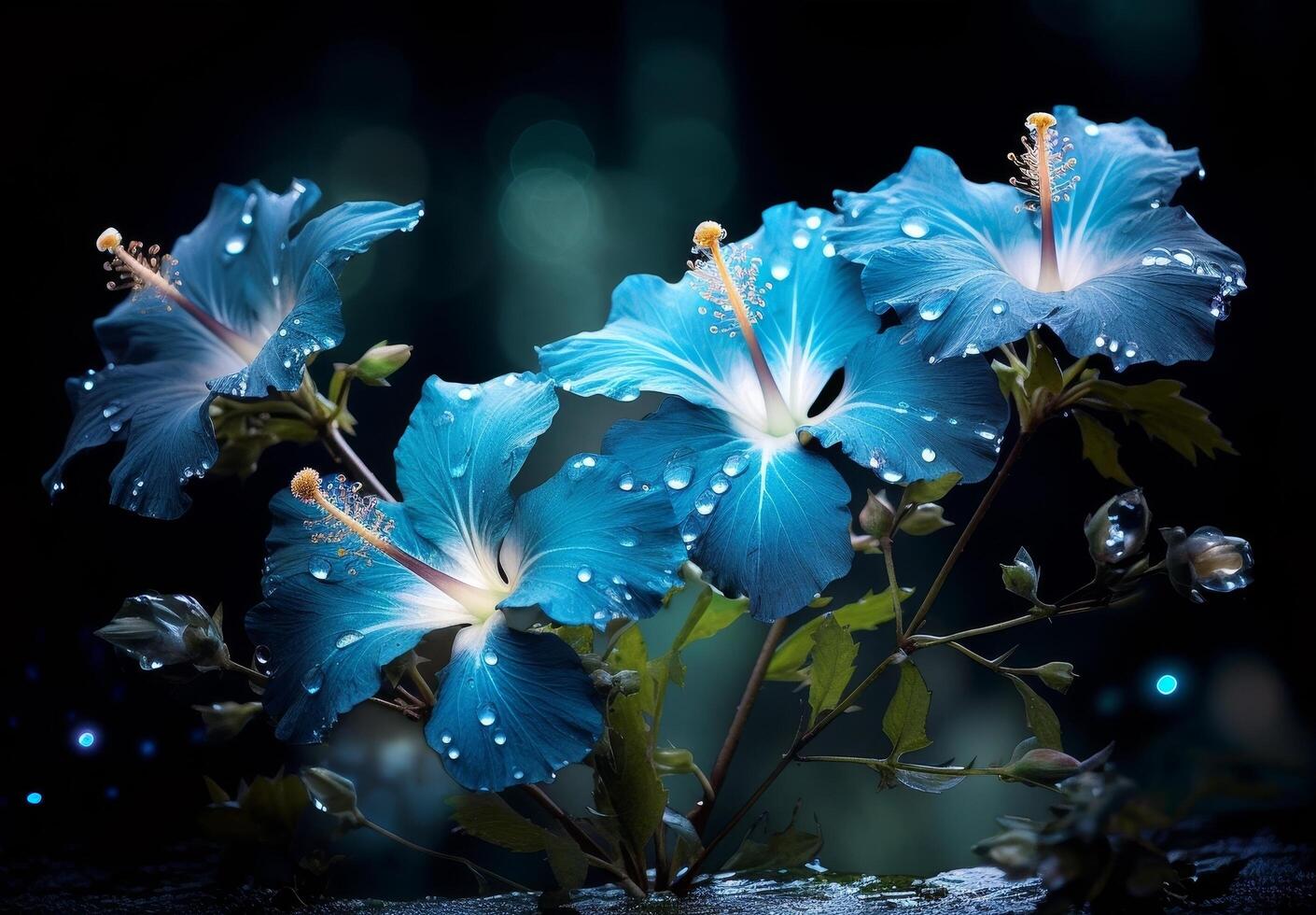 Vibrant blue hibiscus flowers with water droplets photo