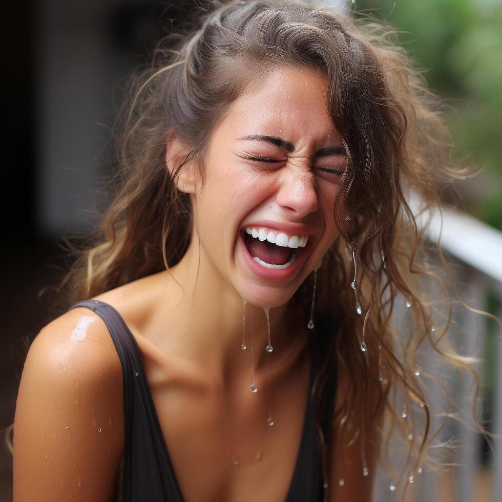 Joyful woman laughing with wet hair photo