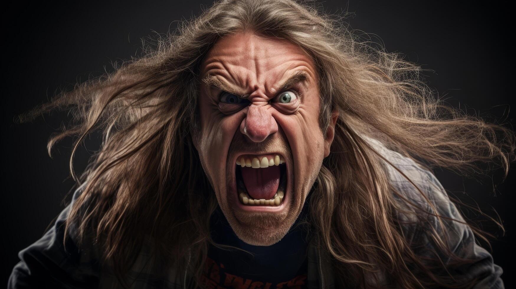 Angry man with wild hair screaming photo