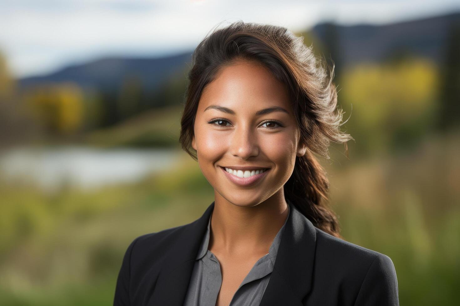 Smiling woman in business attire with mountains in the background photo