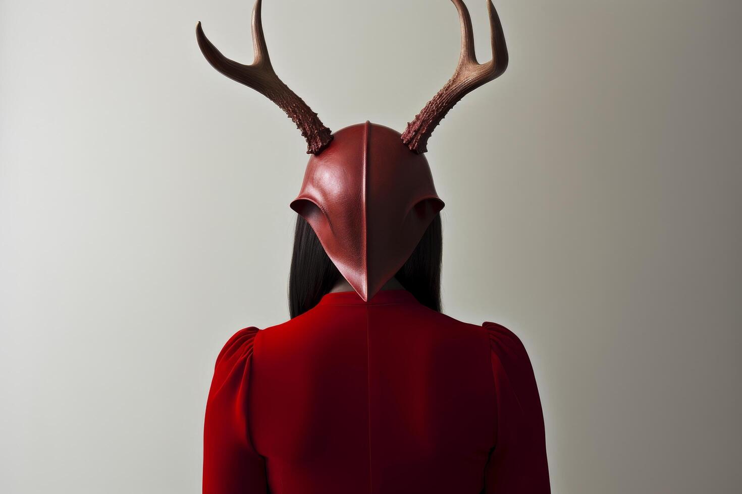 Mysterious figure in red cloak with antler headpiece photo