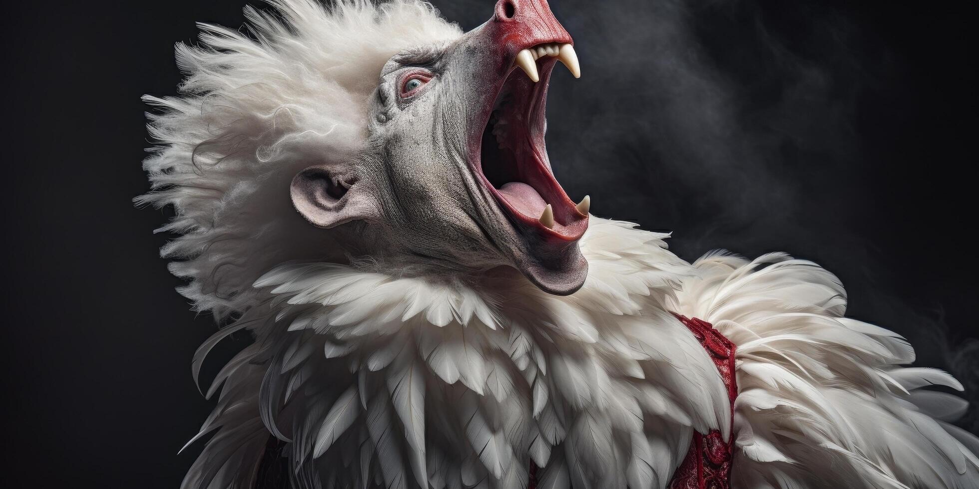 Angry roaring bird with open beak and sharp teeth photo
