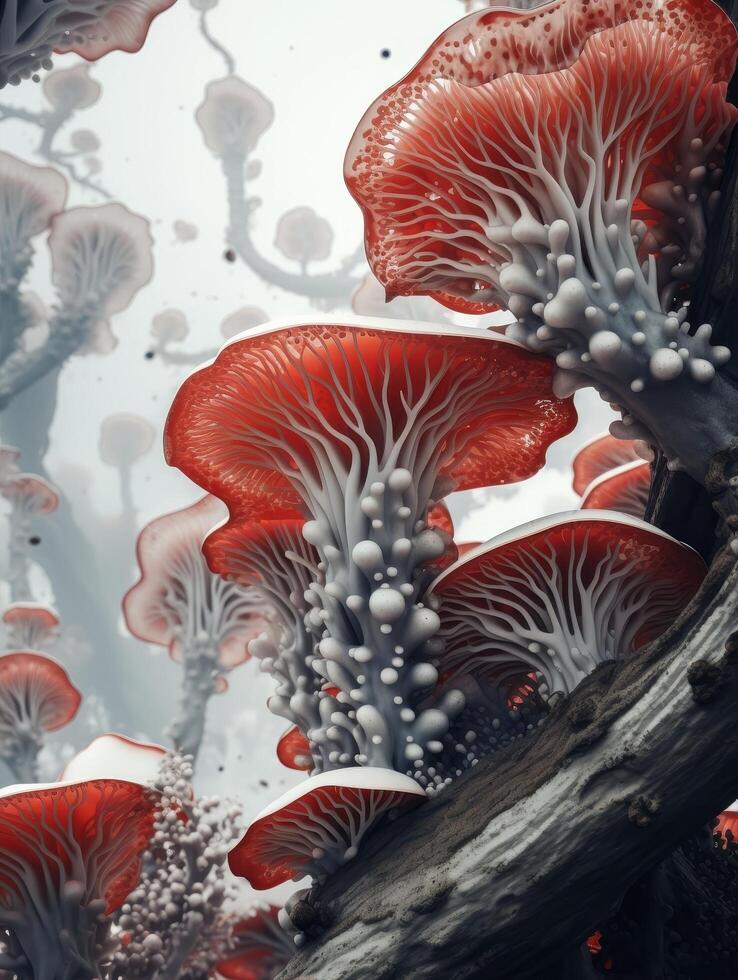 Vibrant red and white mushroom cluster photo