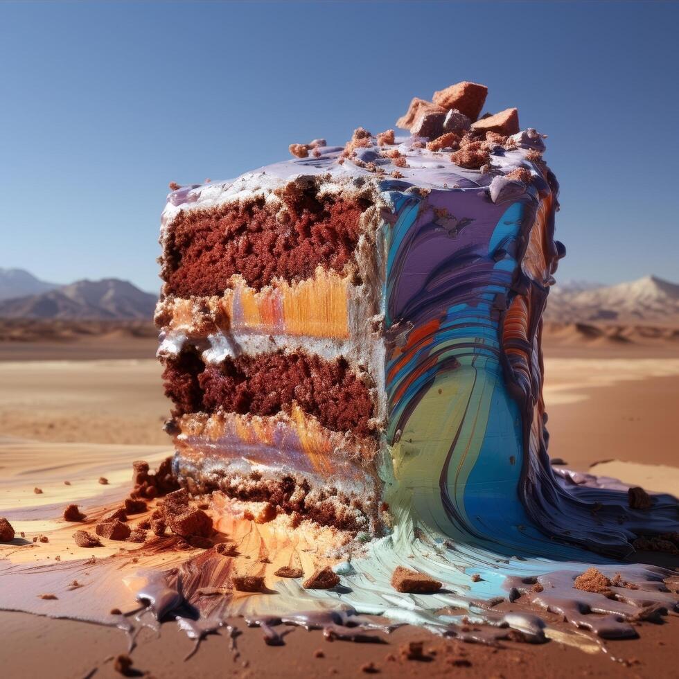 Delicious chocolate cake in desert landscape photo