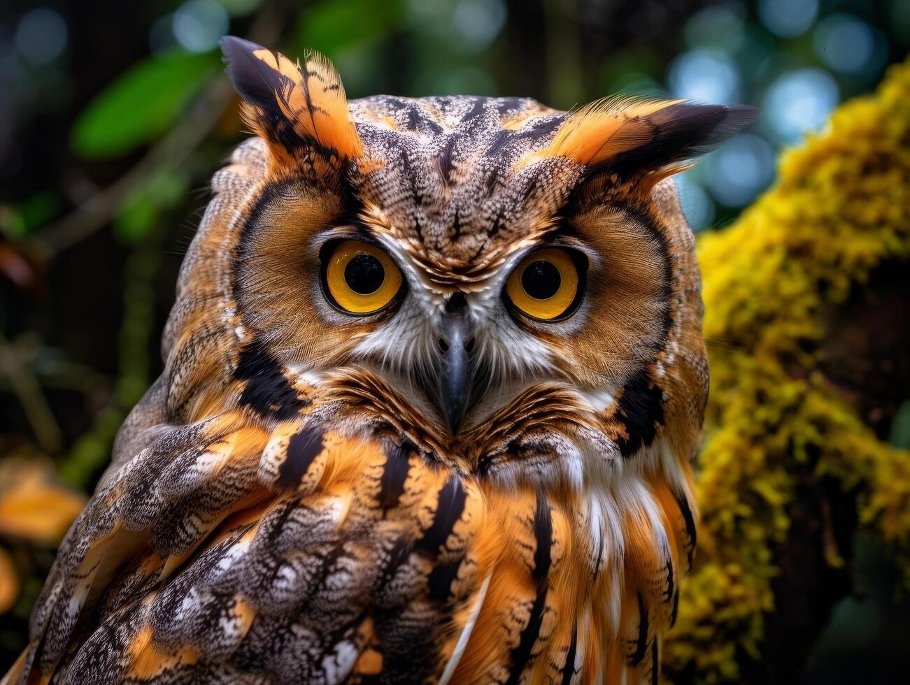 Close up portrait of a majestic owl with striking yellow eyes photo