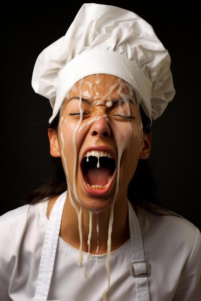Angry chef screaming with food dripping from face photo