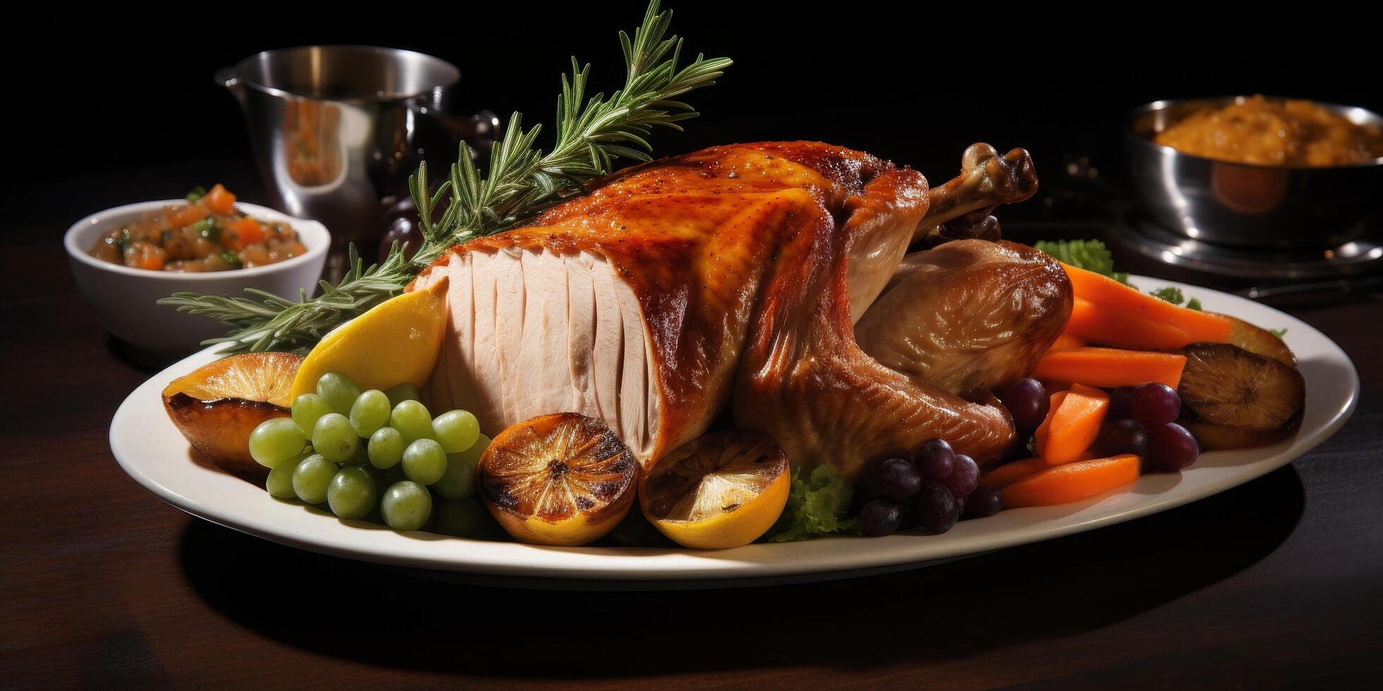 Delicious roasted turkey with vegetables and garnishes photo