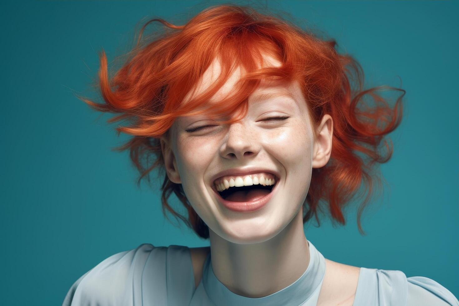 Joyful redhead woman with windblown hair photo