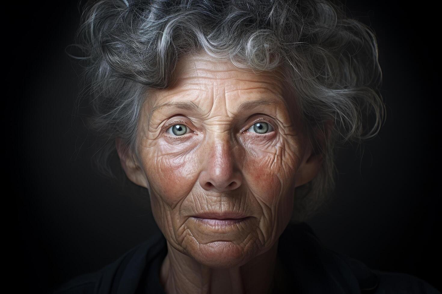 Weathered face of an elderly woman with piercing eyes photo