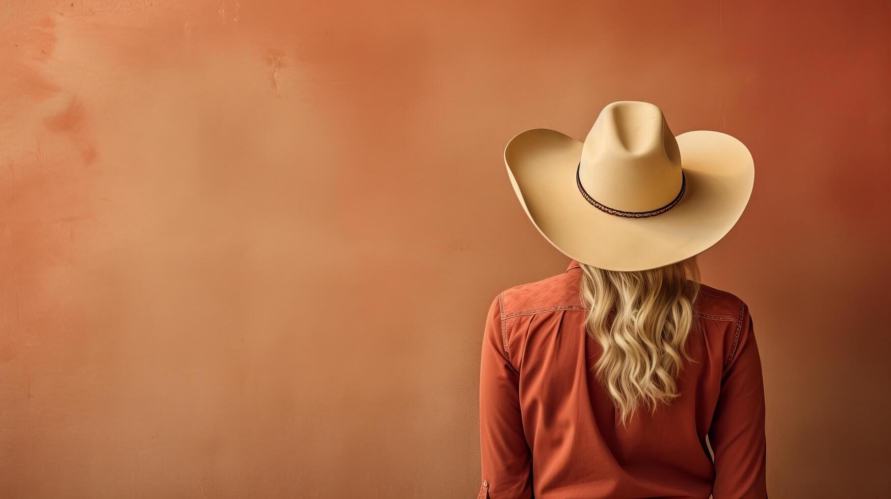 woman in cowboy hat standing in front of orange wall photo