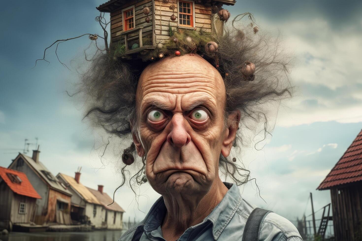 Whimsical portrait of an eccentric old man with a quirky expression and a wooden cabin in the background photo