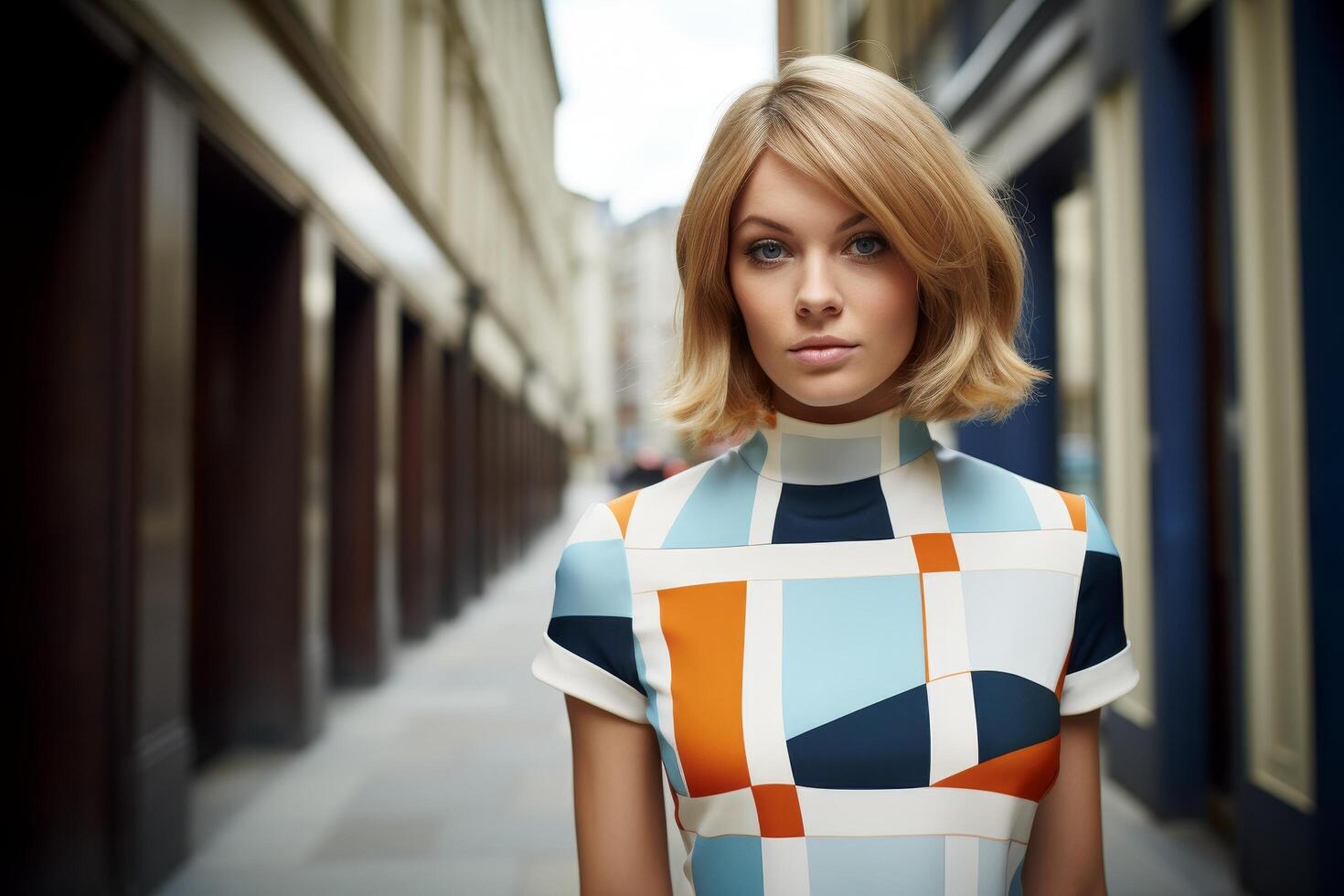 Stylish woman in colorful geometric dress photo