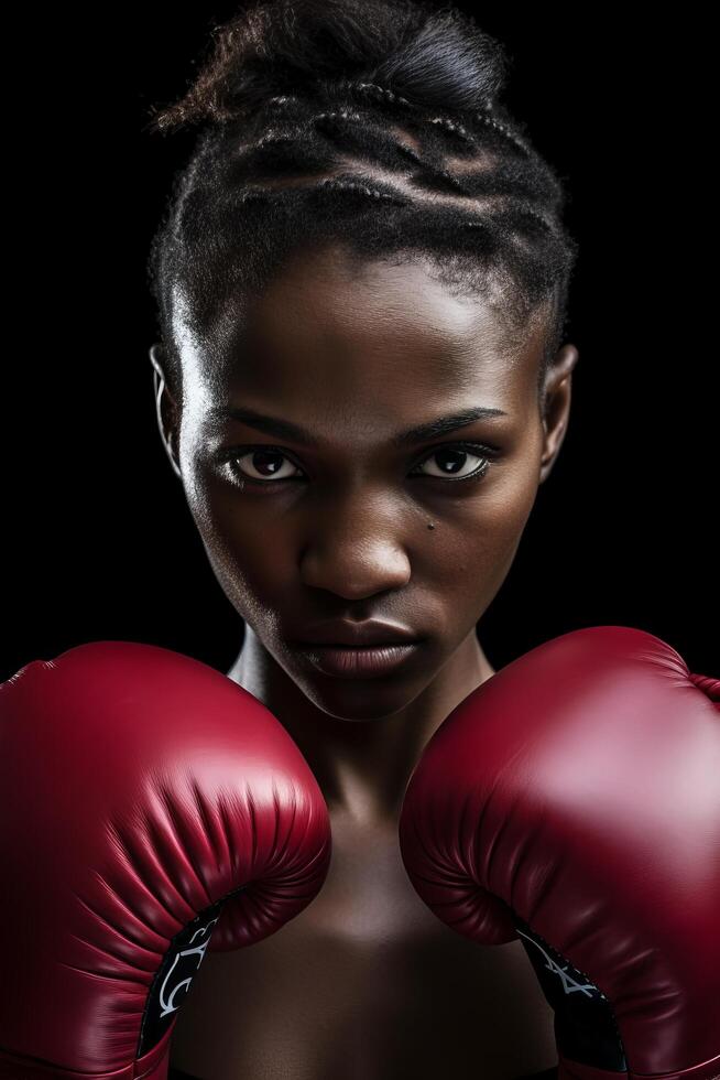 Powerful female boxer with intense expression photo