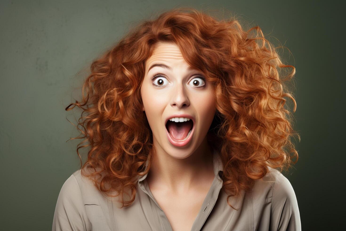 Surprised woman with curly red hair photo