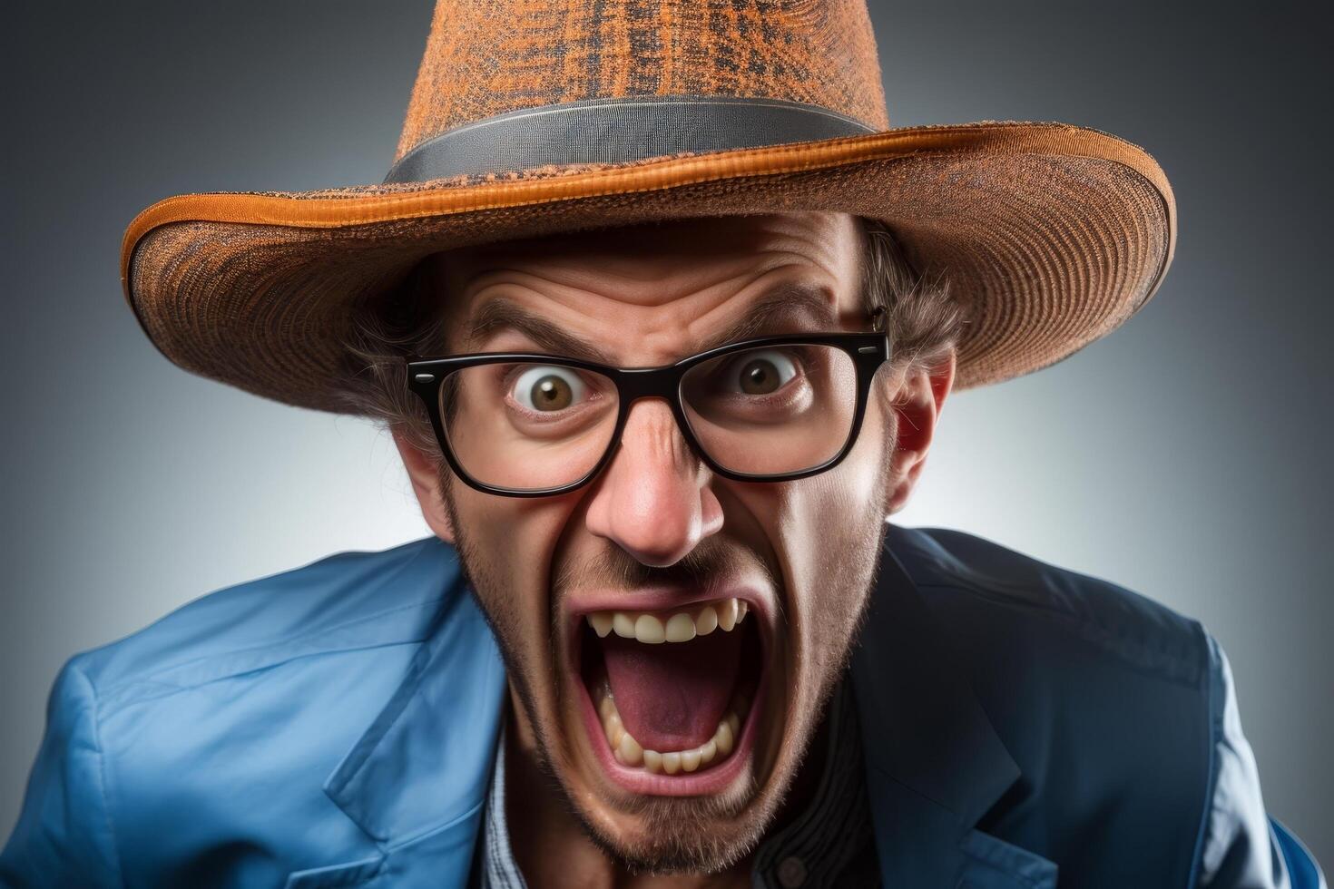 Angry man with glasses and hat shouting photo