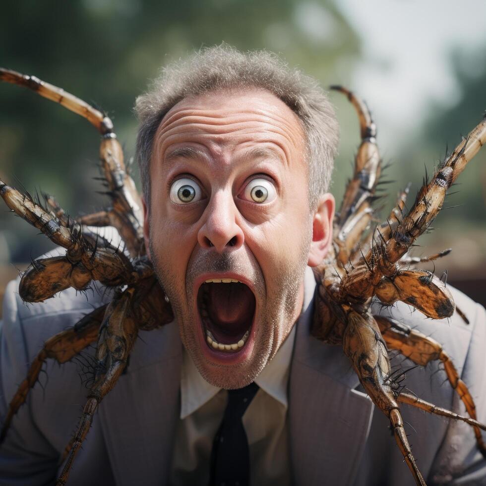 shocked man with large insects on his face photo