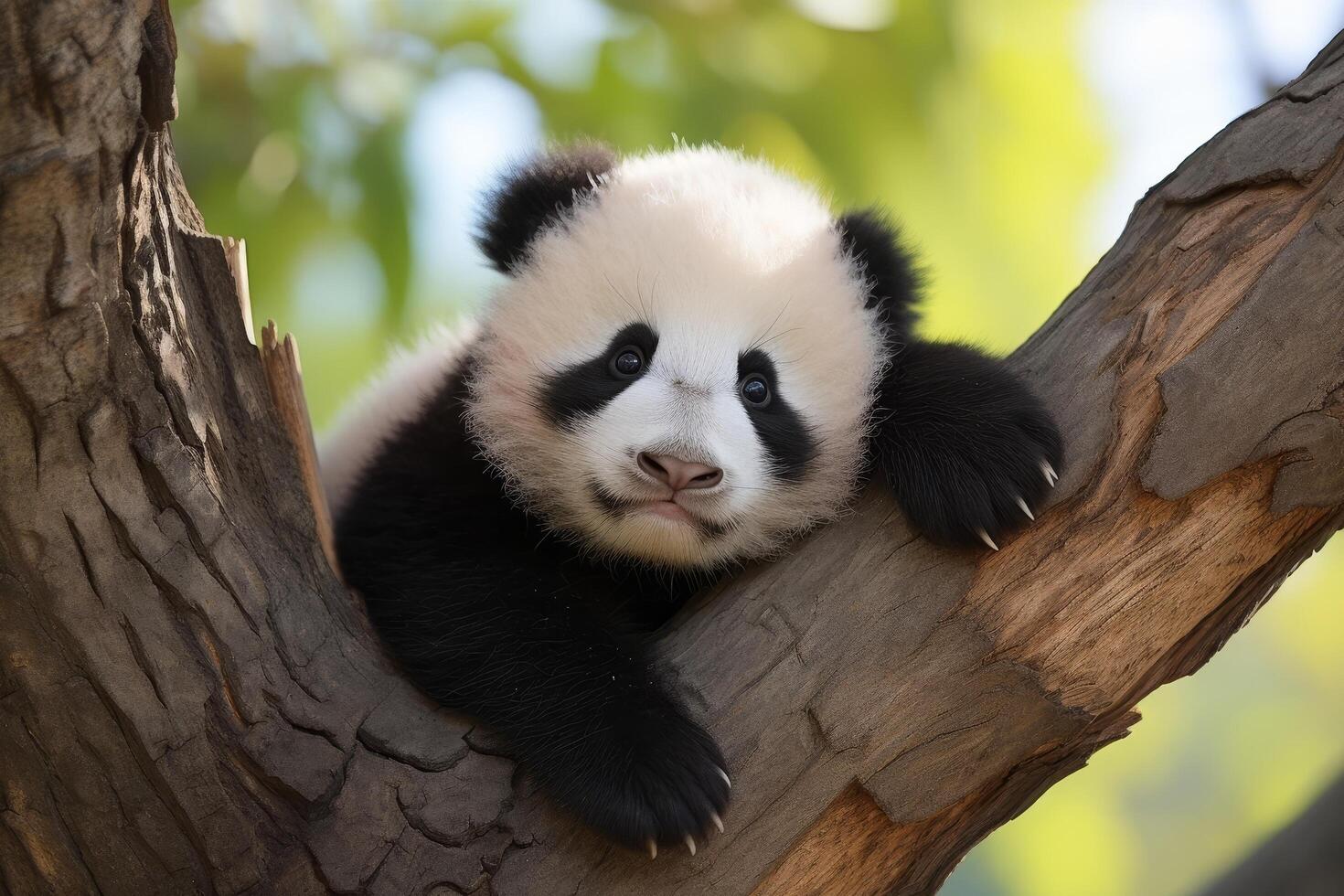 Cute panda bear resting on tree branch photo