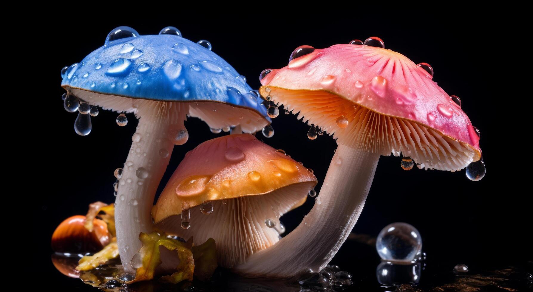 Colorful mushrooms with water droplets photo