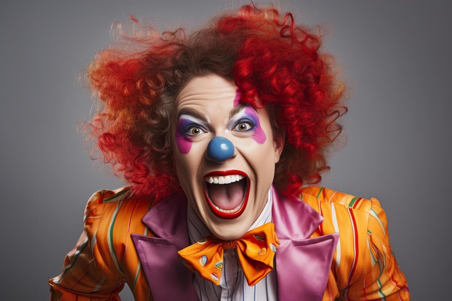 Colorful clown with red curly hair and makeup screaming photo