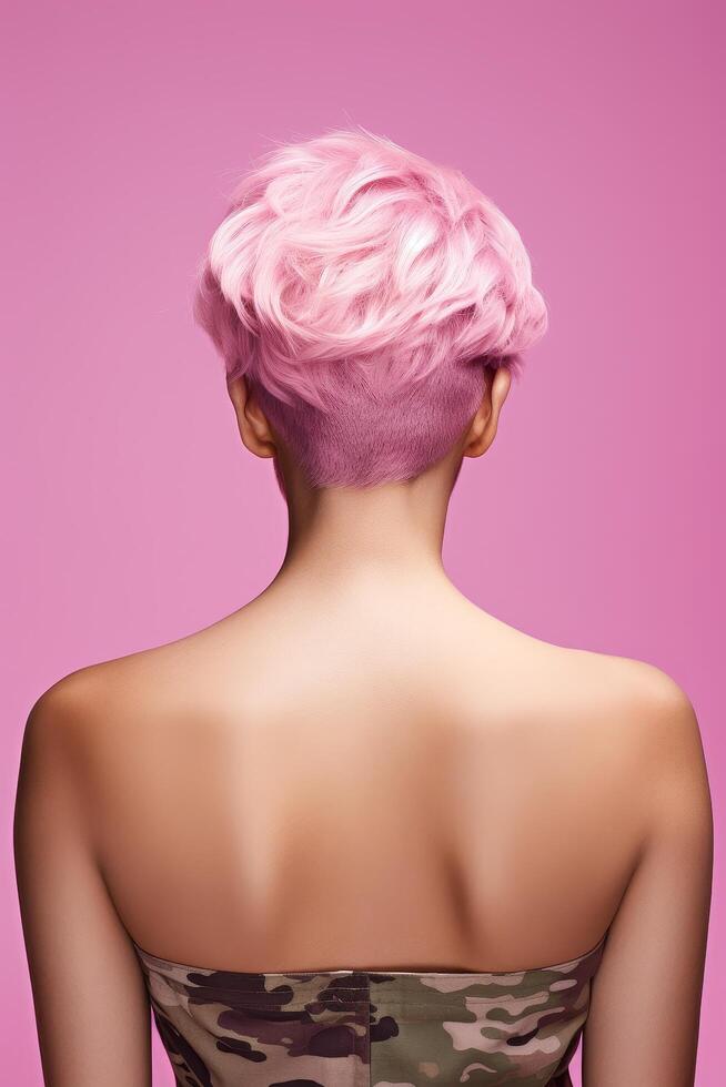 Vibrant pink hair color on womans head photo