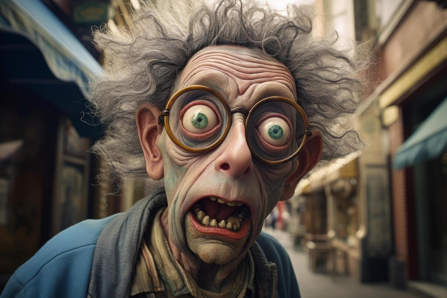 Comical and eccentric man with exaggerated facial features and wild hair photo