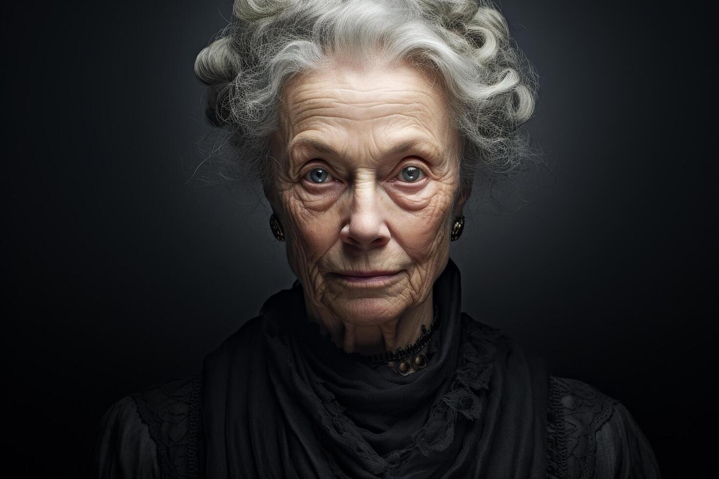 Elderly woman with curly gray hair and piercing blue eyes photo
