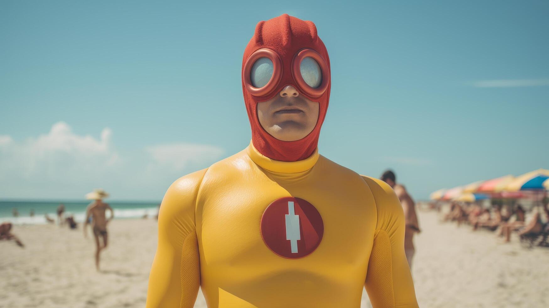 superhero in red and yellow costume on beach photo