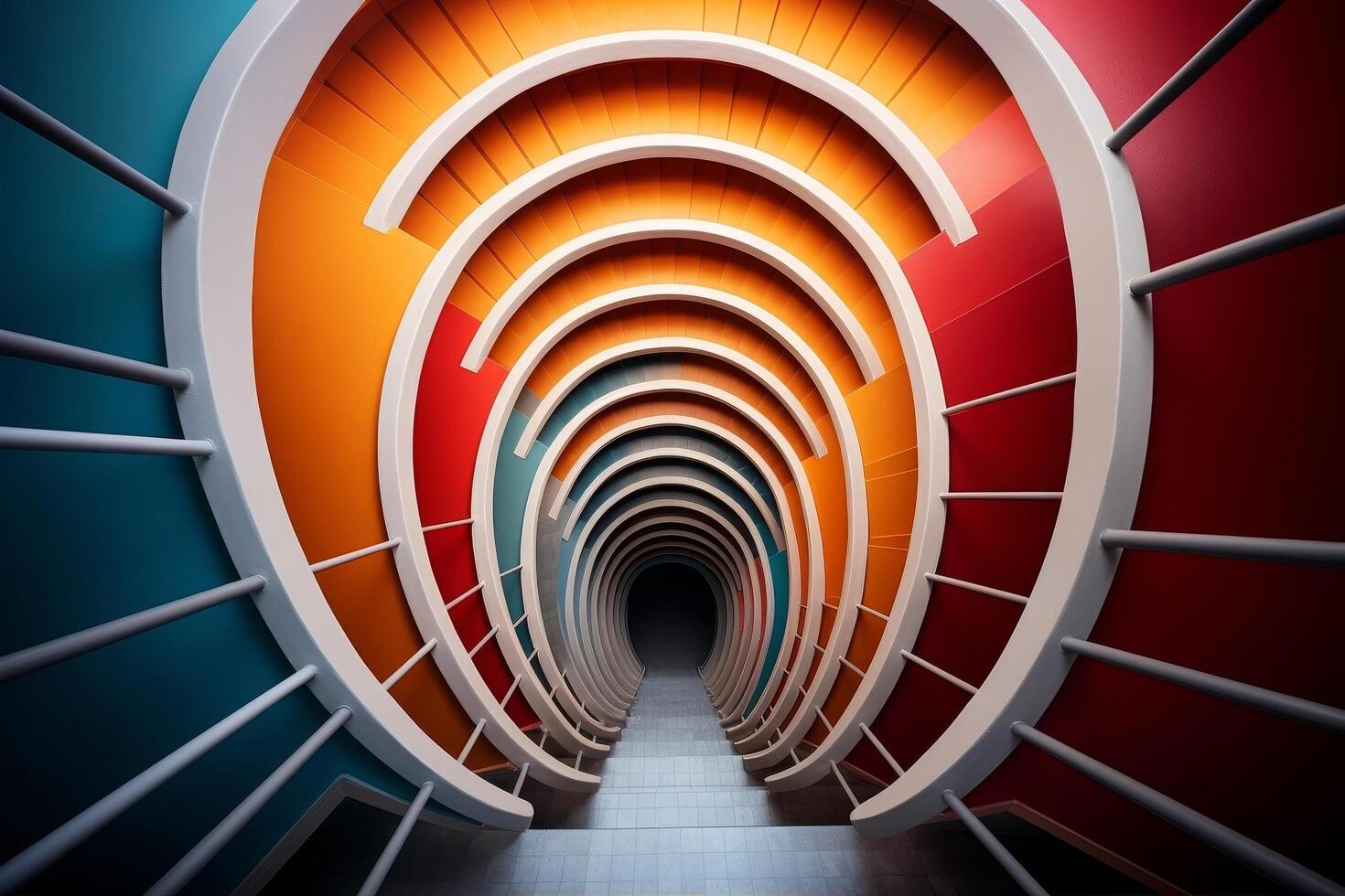 Vibrant spiral staircase with colorful arched design photo