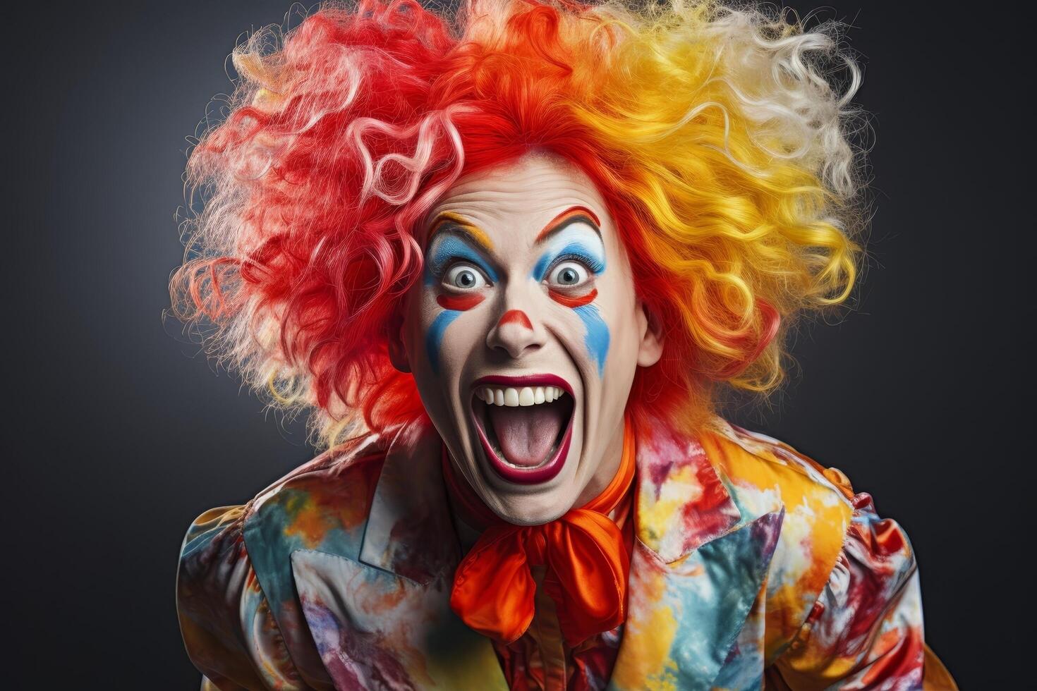 Colorful clown with exaggerated facial expression photo