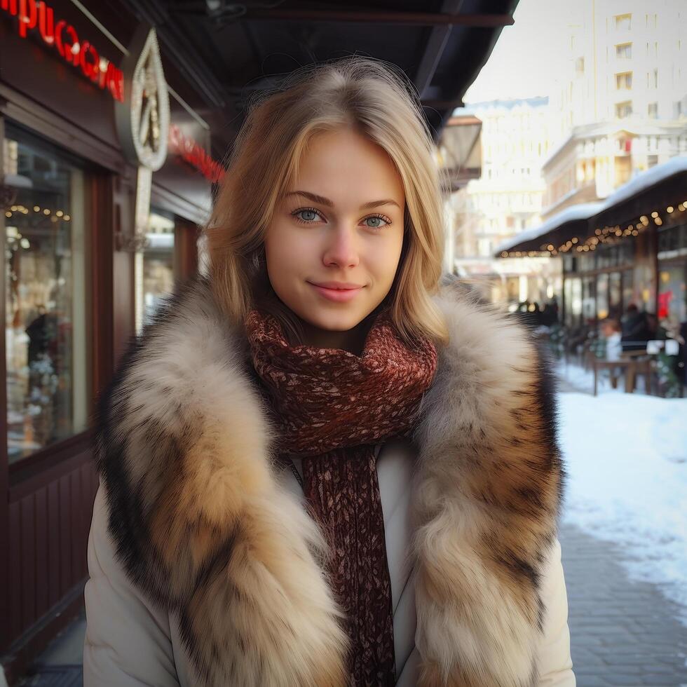 beautiful woman in winter coat and scarf photo