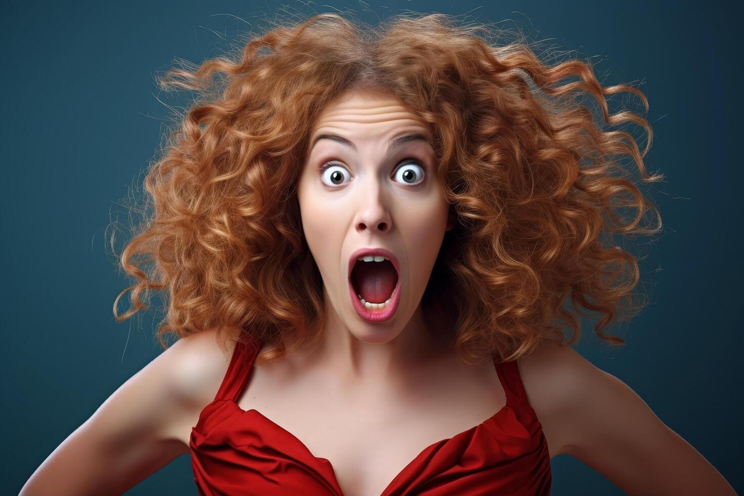 Surprised woman with curly red hair photo