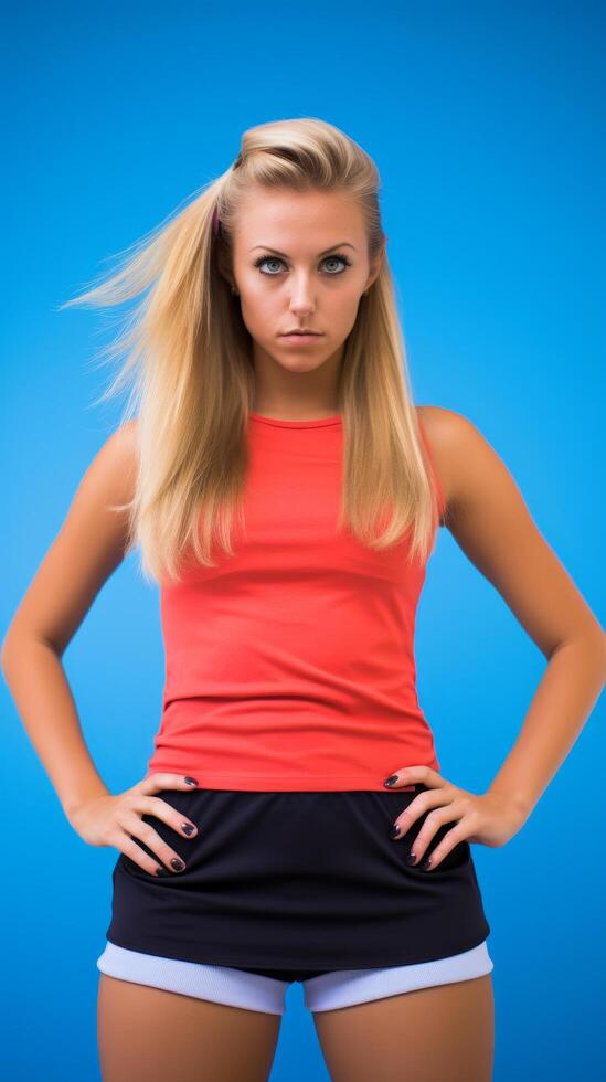 Confident young woman in bright red top and black shorts photo