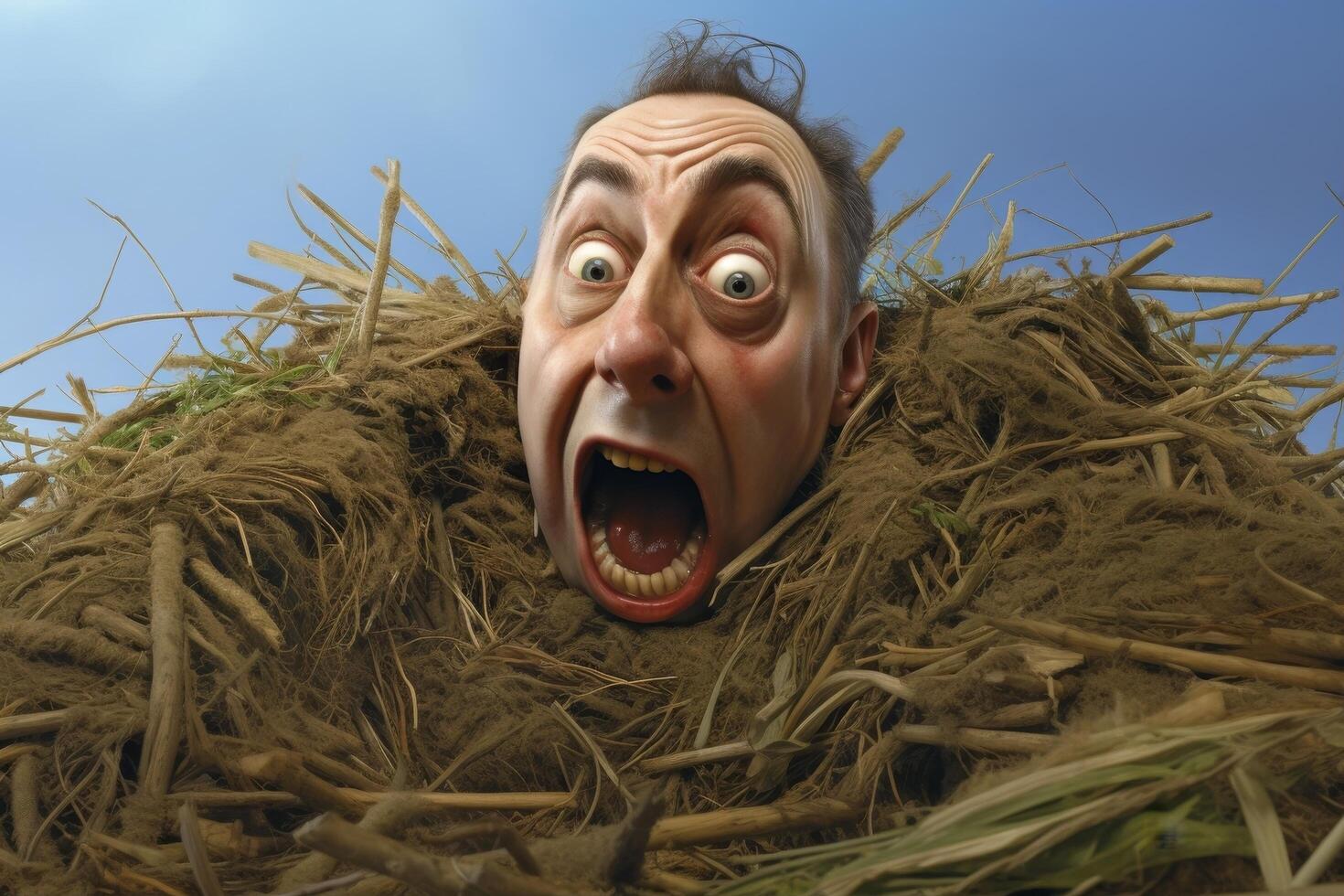 Surprised man in hay stack photo