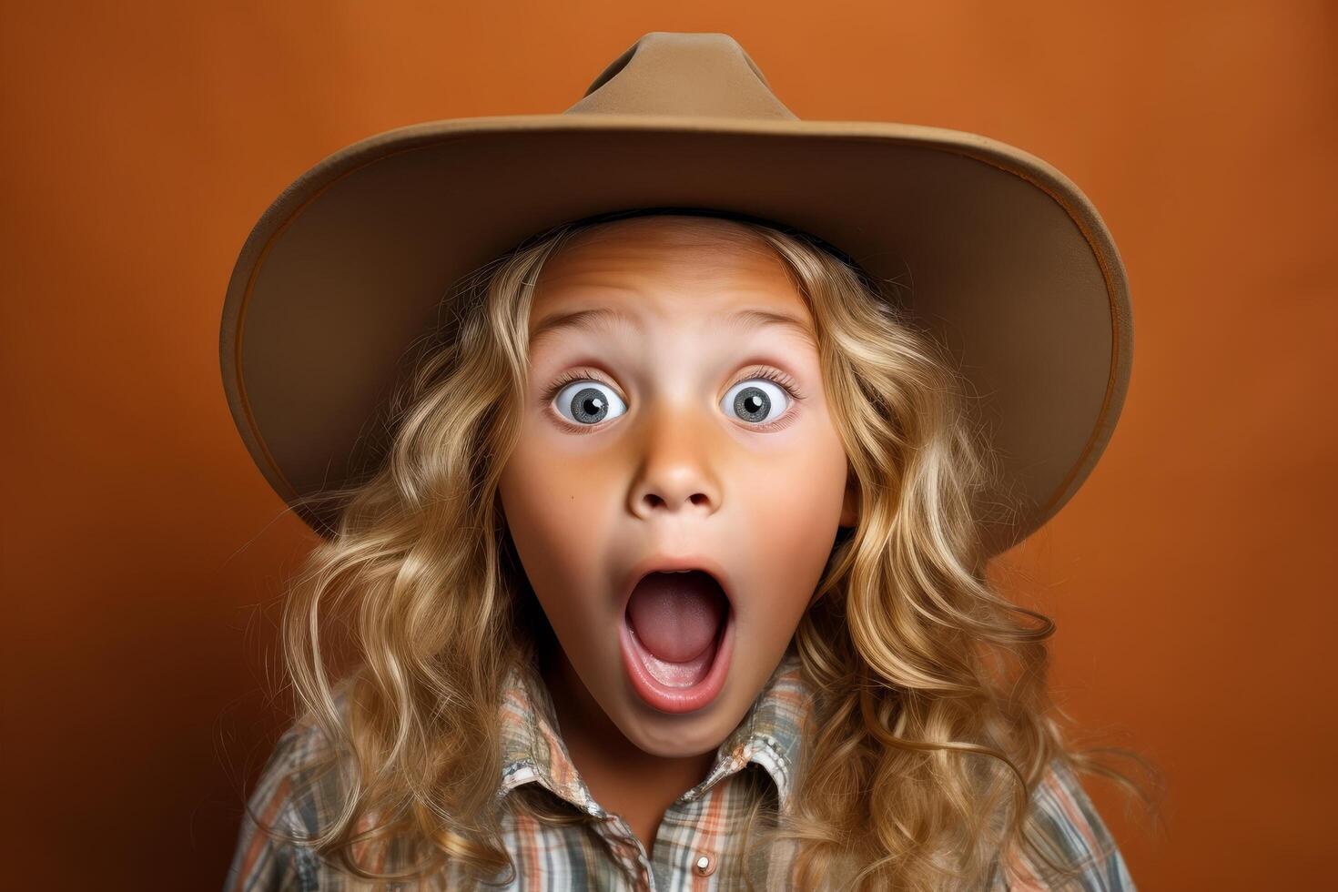 Surprised young girl with curly blonde hair and wide eyes photo