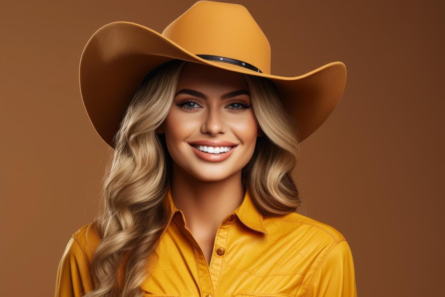 Smiling woman in yellow cowgirl hat photo