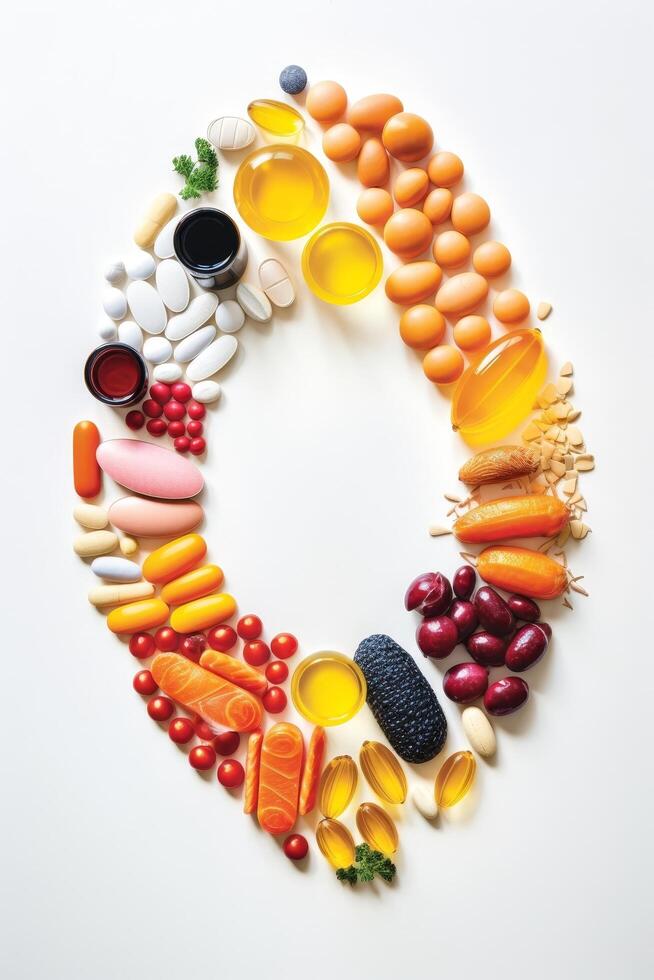 Healthy food ingredients arranged in a rainbow pattern photo