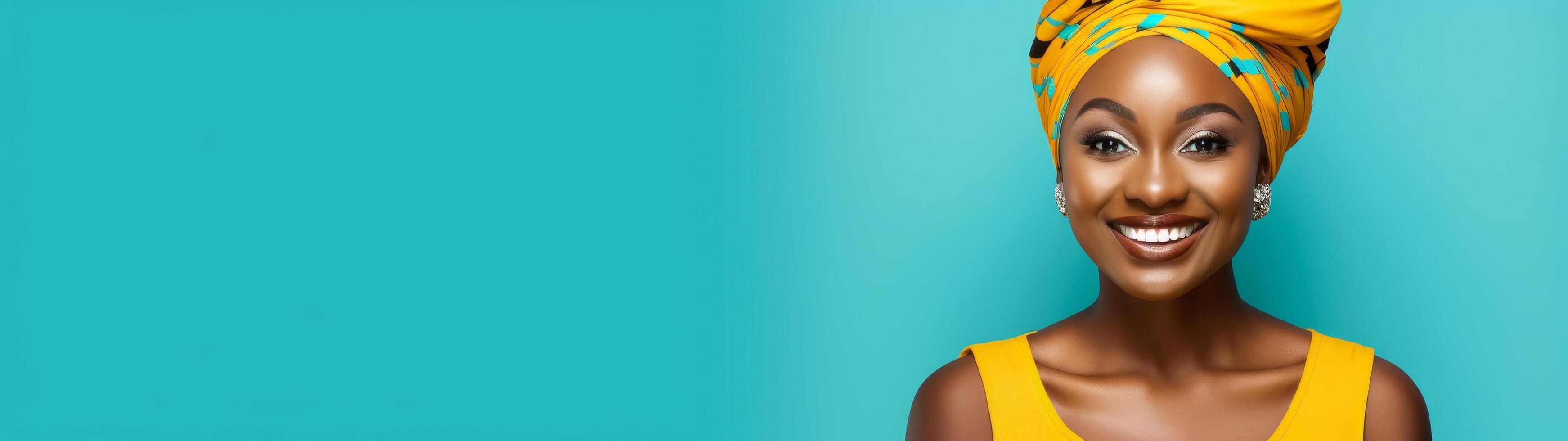 beautiful african woman with bright yellow headwrap smiling photo