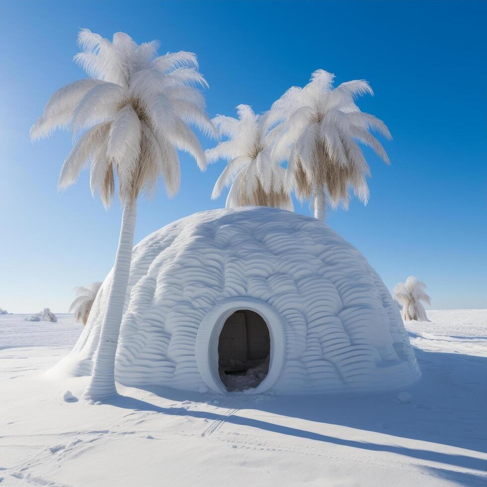 Snowy igloo with palm trees in winter landscape photo