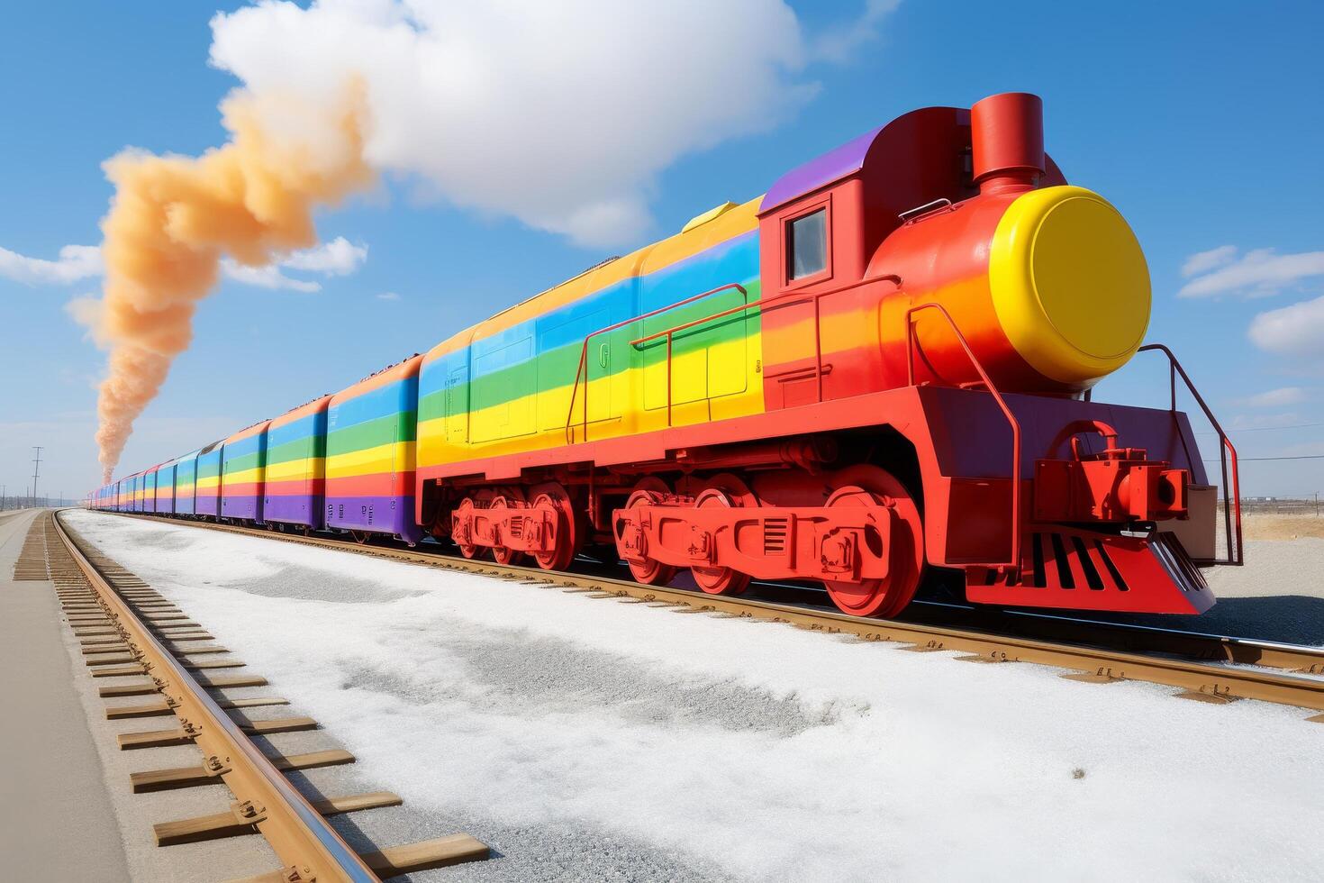 Colorful steam locomotive on railway tracks photo