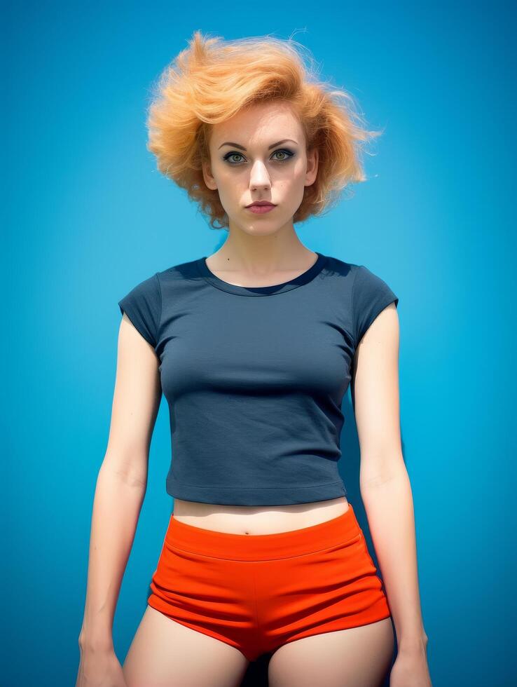 Vibrant woman with curly orange hair posing in front of blue background photo