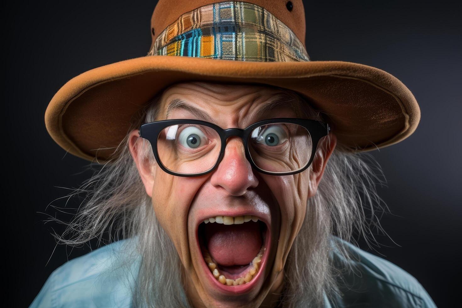 Excited senior man with wild hair and glasses shouting photo