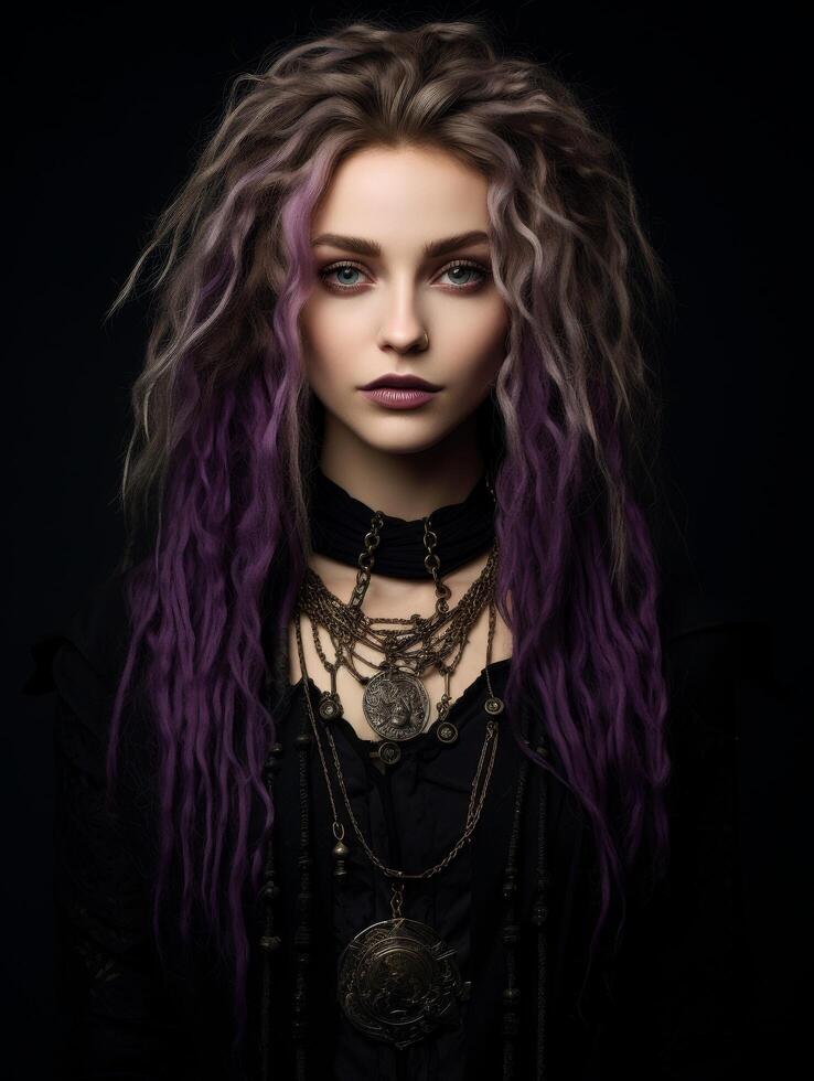 Mysterious woman with purple hair and gothic jewelry photo