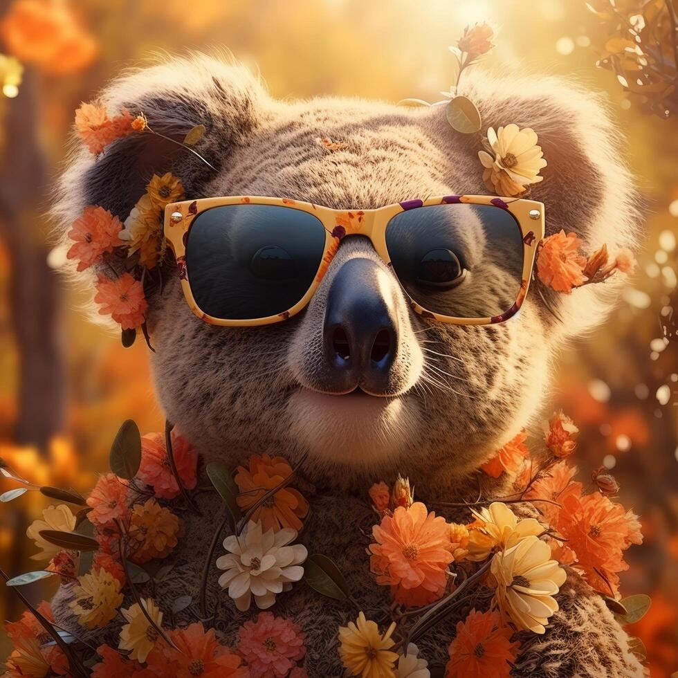 Adorable koala wearing sunglasses surrounded by colorful autumn flowers photo
