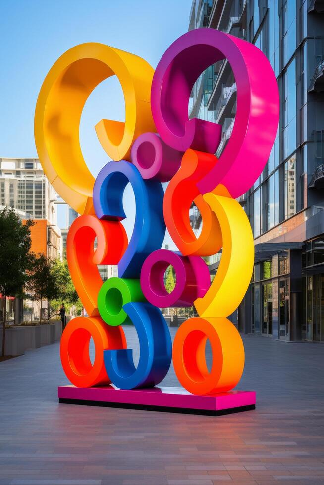 Colorful abstract sculpture in urban setting photo
